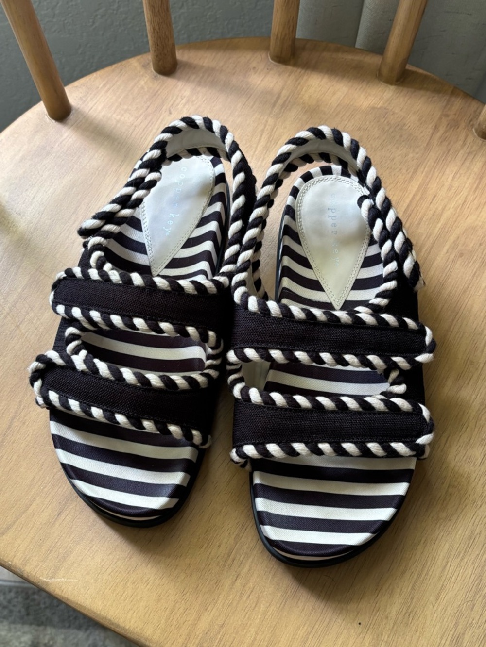 Copper Key Black and White Striped Rope Strap Sandals